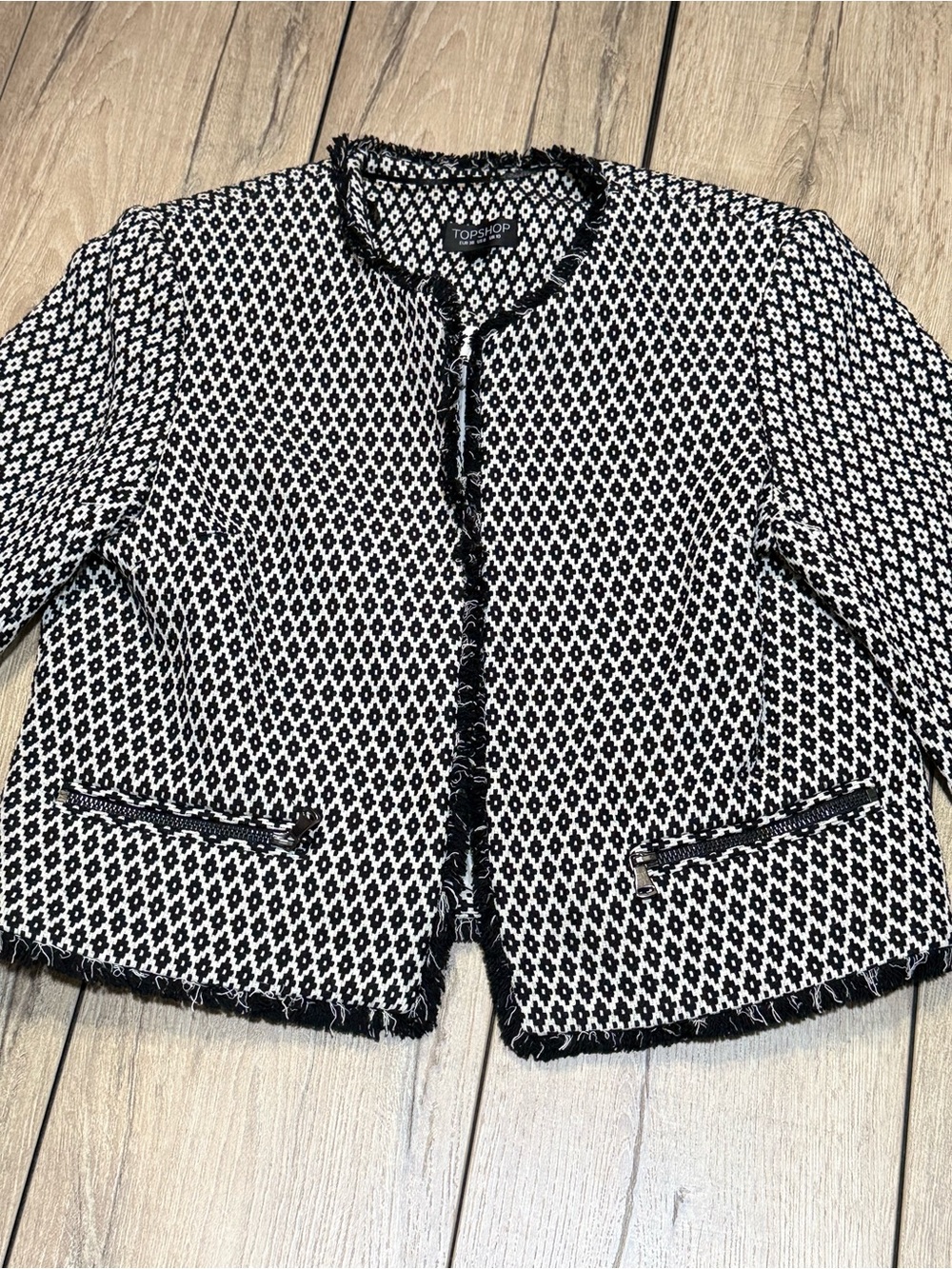 Topshop Black Tweed Blazer Coat Fringe Hem Zip Pocket Jacket Size 6 - Picture 5 of 16